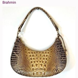 Brahmin Croc Embossed Leather Hobo Bag Pastry Ombre Brown Tan